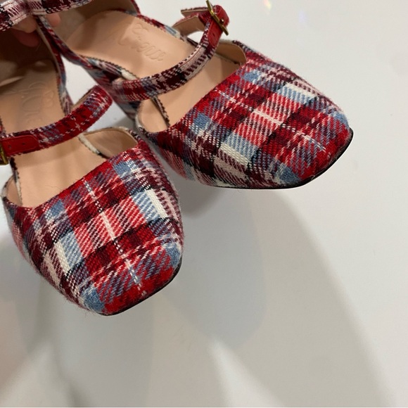 J. CREW 6 Plaid Flannel Block Heel Square Toe Mary Janes Marta Buckle Heels - Picture 14 of 14